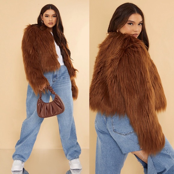 PrettyLittleThing Jackets & Blazers - PrettyLittleThing Plus Chocolate Faux Fur Shaggy Cropped Jacket